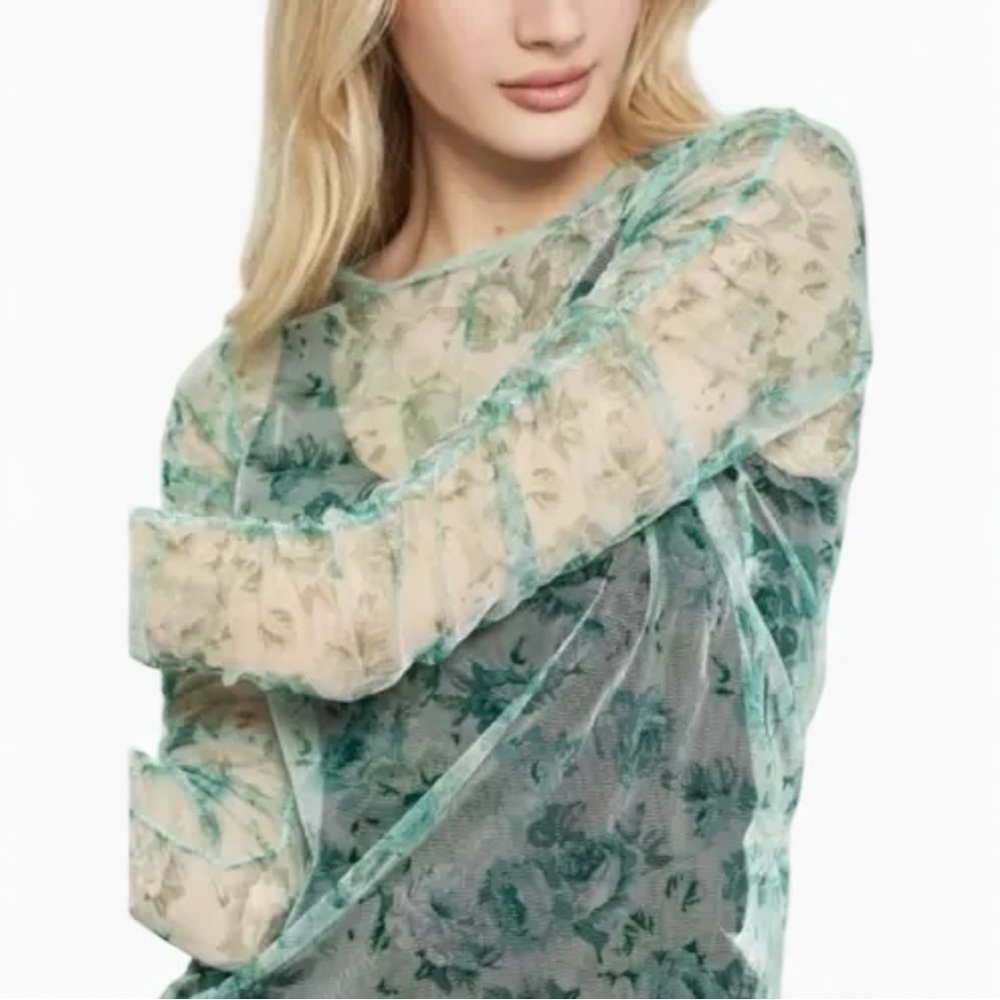 ZARA Floral Mesh Top Small Multigreen Festival Top